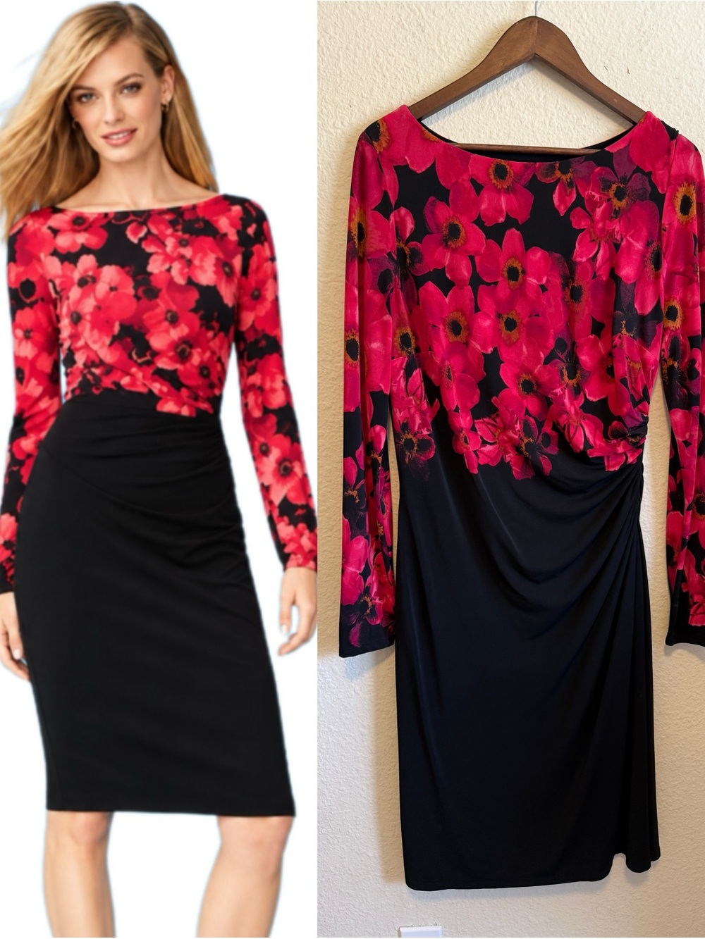Lauren Ralph Lauren Women's Black & Red Floral Long Sleeve Midi Dress-14